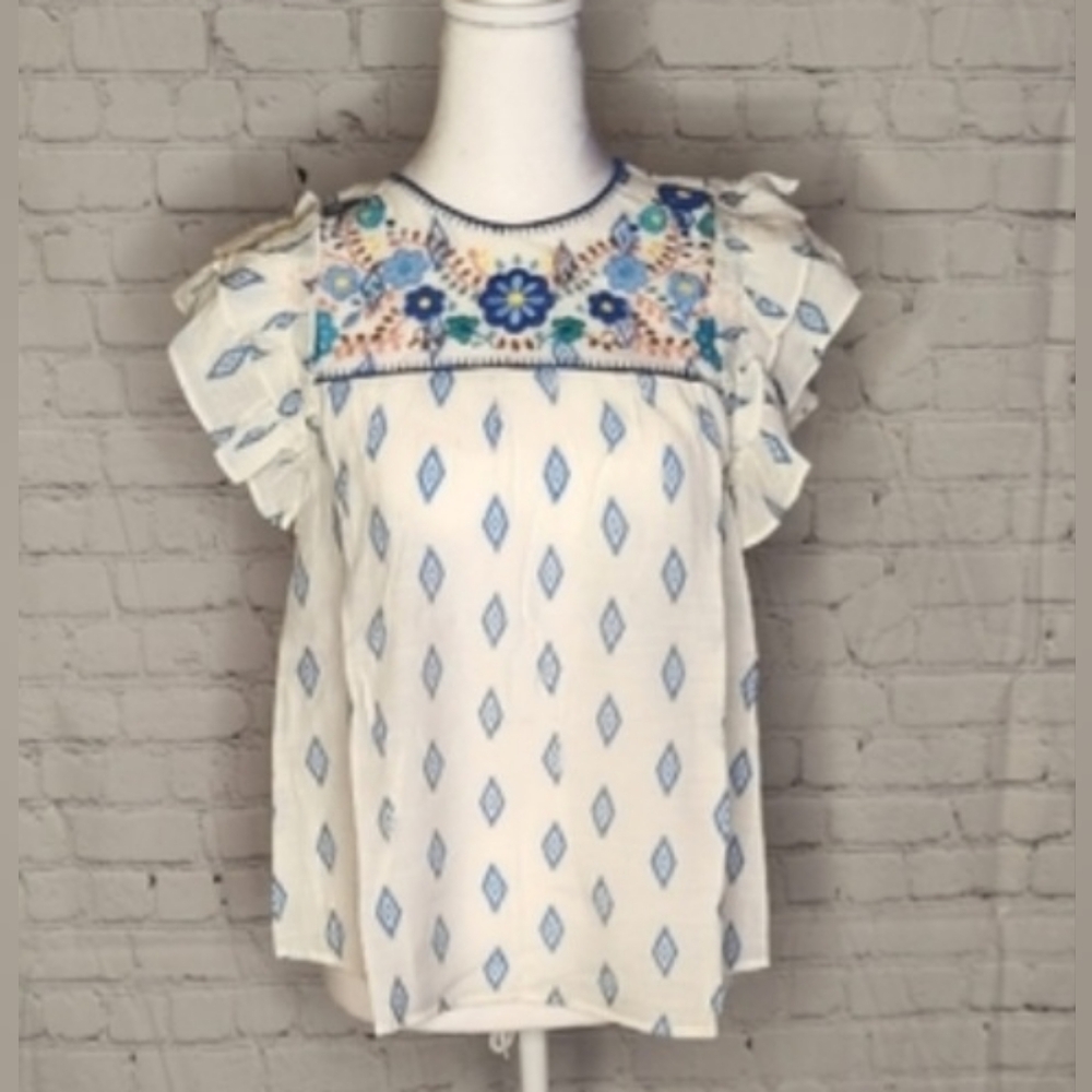 AZURE BLUE AZTEC & EMBROIDERED RUFFLE TOP